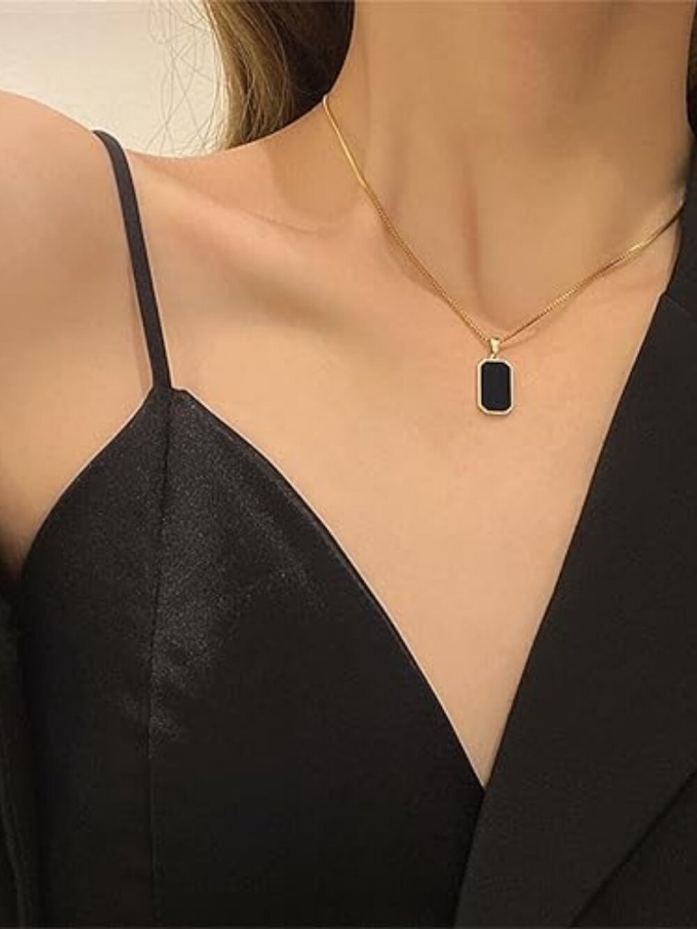 Black Onyx Pendant Necklace Gold Plated Geometric Rectangle Chain